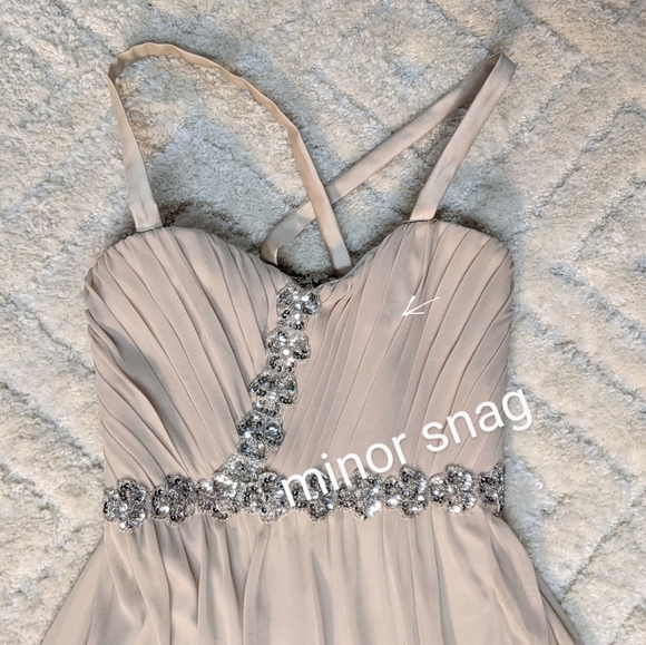 City Triangle Beige Shoulder Strapped Gown w/ Pleated Chest & Side Slit, 7 - Picture 12 of 12